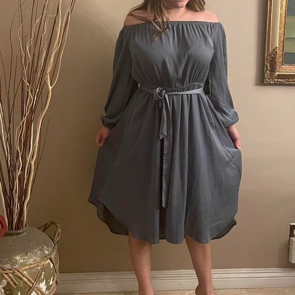 Blue Gray Off The Shoulder Long Sleeved Midi Dress - Picture 1 of 4